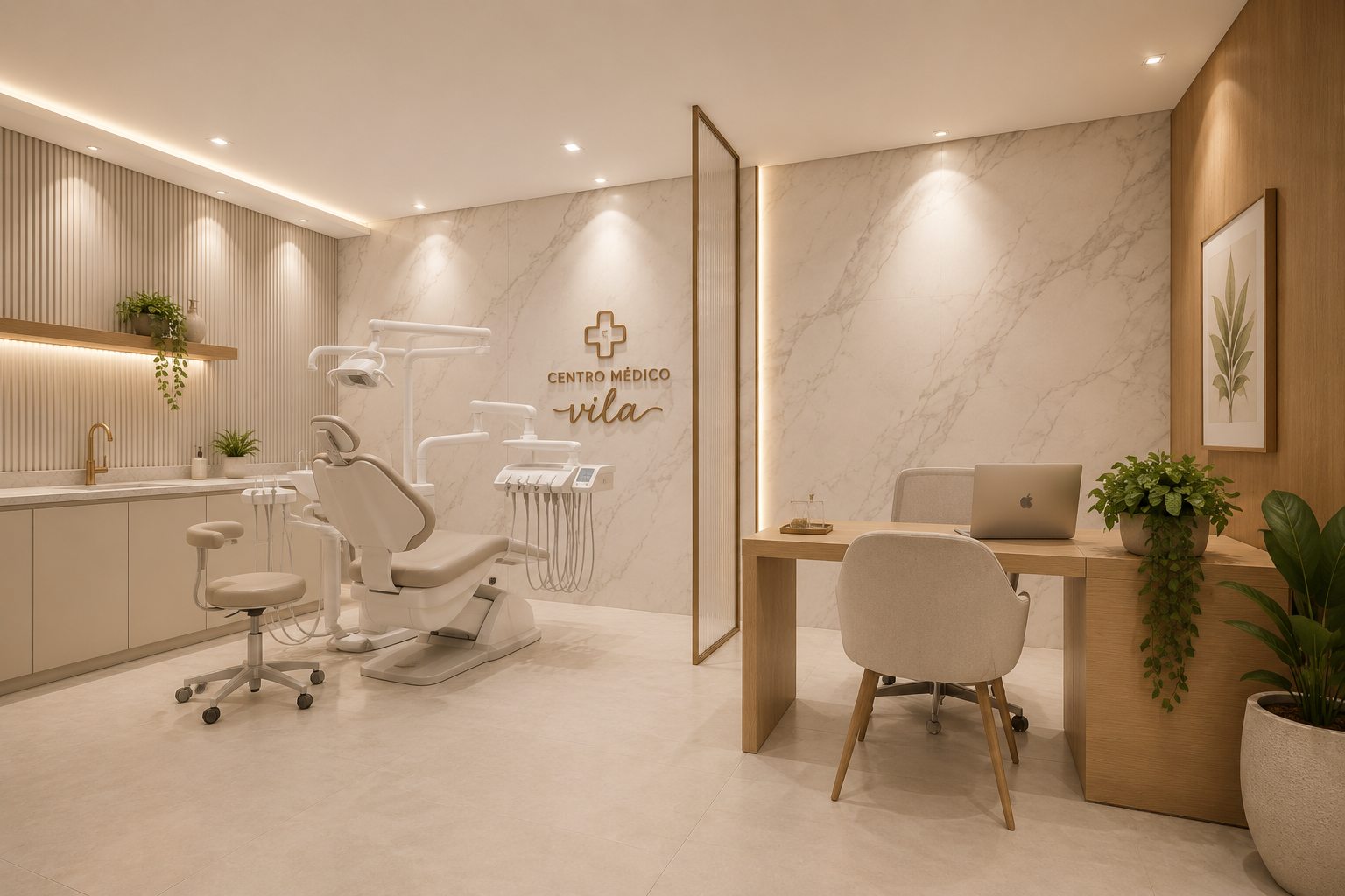 Interior de sala de odontologia no Centro Médico Shopping da Vila, projetado por William Vanderlei Arquitetura, em Delmiro Gouveia/AL