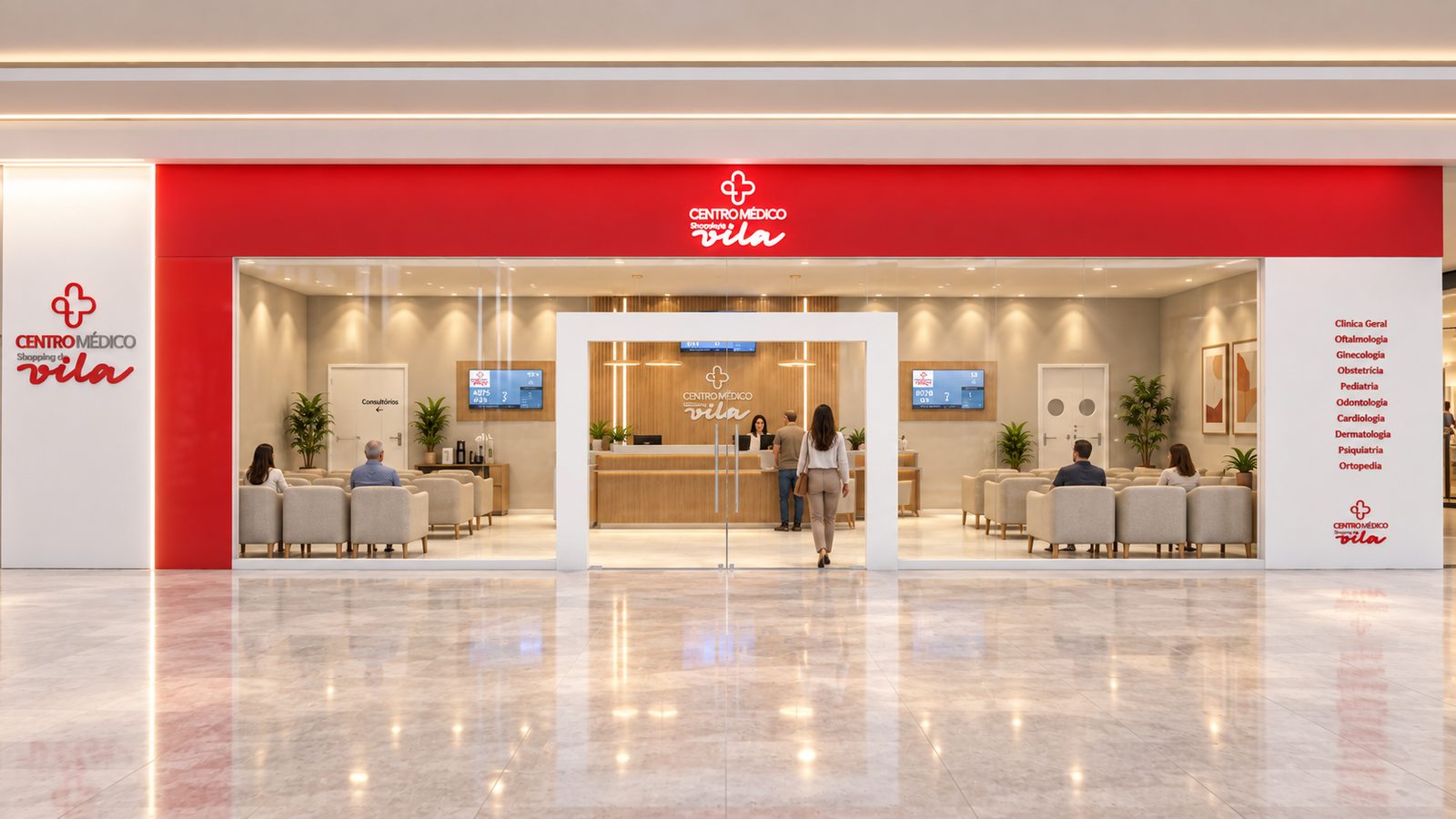 Fachada do Centro Médico Shopping da Vila, com recepção e salas de consultório integradas, projetado por William Vanderlei Arquitetura, em Delmiro Gouveia/AL