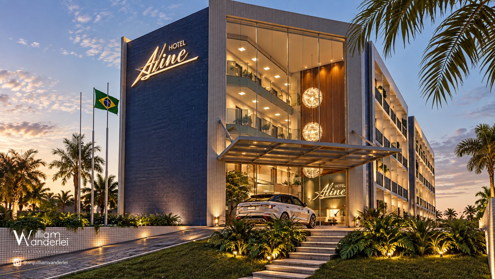 Fachada do Hotel Bristol Aline, projetado por William Vanderlei Arquitetura, com painel azul iluminado