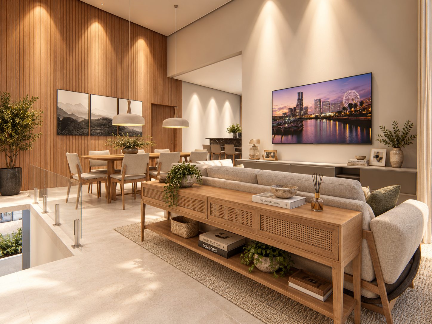 Sala de estar e jantar integradas, com painel ripado de madeira e iluminação embutida, em projeto de interiores residencial de William Vanderlei Arquitetura, em Minas Gerais
