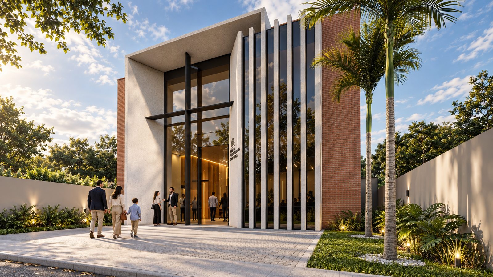 Fachada da Igreja Presbiteriana Aliança, projetada por William Vanderlei Arquitetura, com volume de vidro, cruz vertical e brises de concreto, em Aracaju/SE