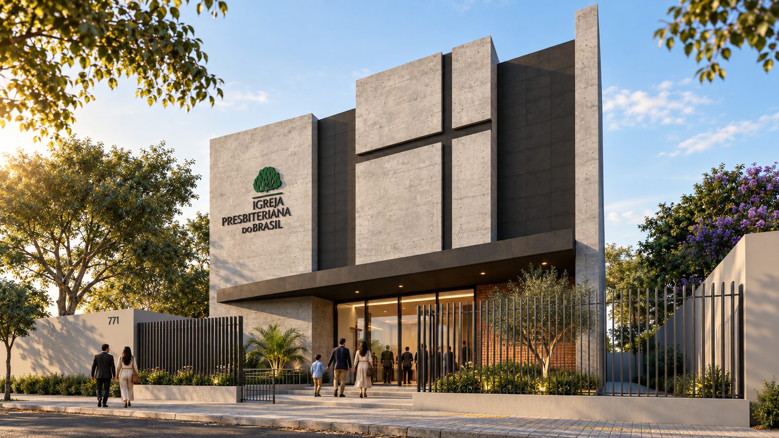 Fachada da Igreja Presbiteriana Jardim das Oliveiras, projetada por William Vanderlei Arquitetura, com volume em concreto aparente e cruz vazada, em Aracaju/SE