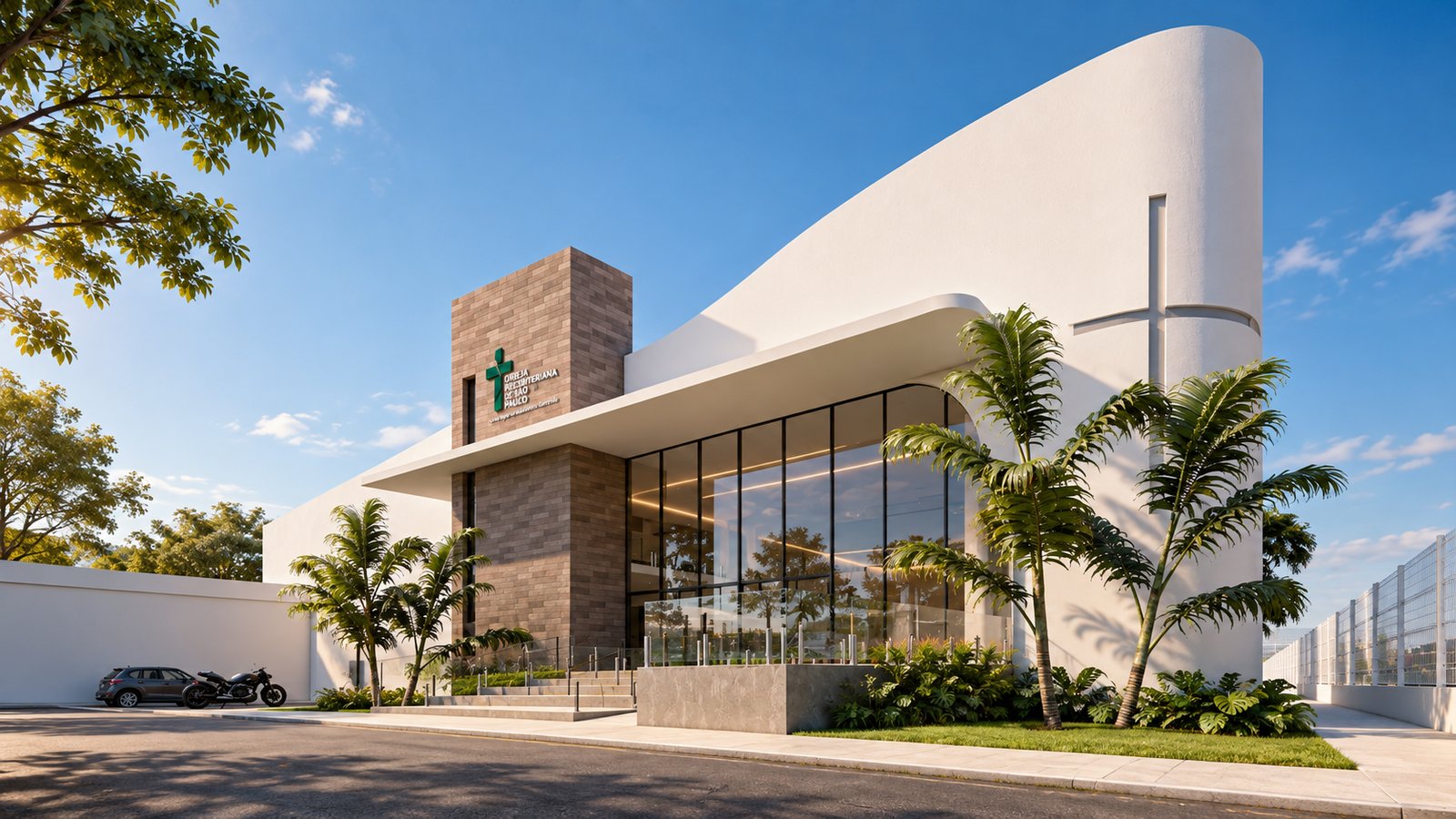 Fachada da Igreja Presbiteriana Sião, projetada por William Vanderlei Arquitetura, com volume branco curvo e cruz em brise vertical