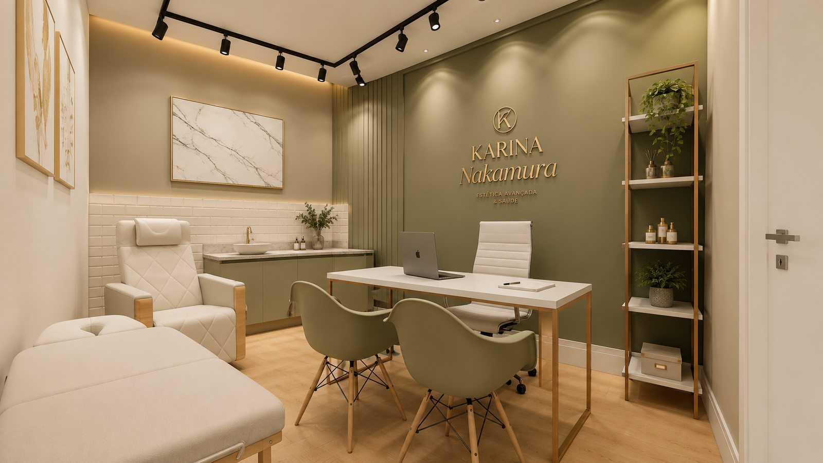 Interior da clínica Karina Nakamura Estética Avançada e Saúde, projetada por William Vanderlei Arquitetura, em São Paulo/SP