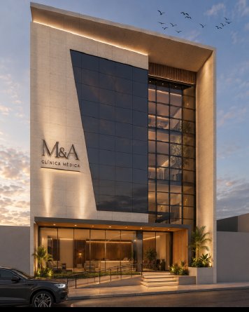Fachada da Clínica M&A, edifício comercial projetado por William Vanderlei Arquitetura