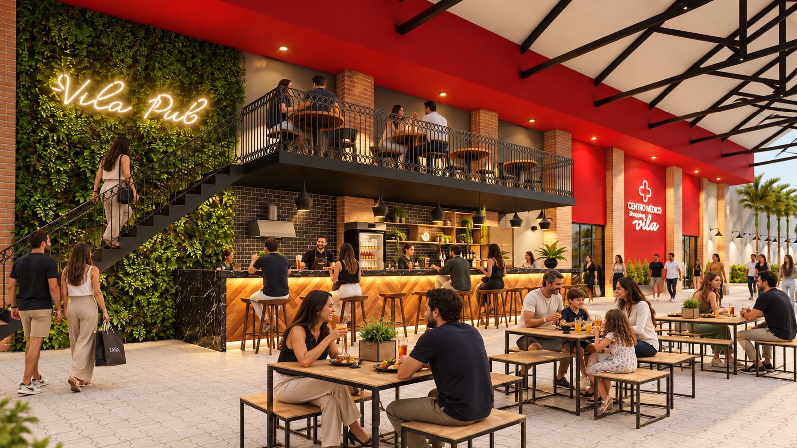 Praça de alimentação do Open Mall Shopping da Vila, com o Vila Pub em mezanino, jardim vertical e lojas ao redor, projetado por William Vanderlei Arquitetura, em Delmiro Gouveia/AL