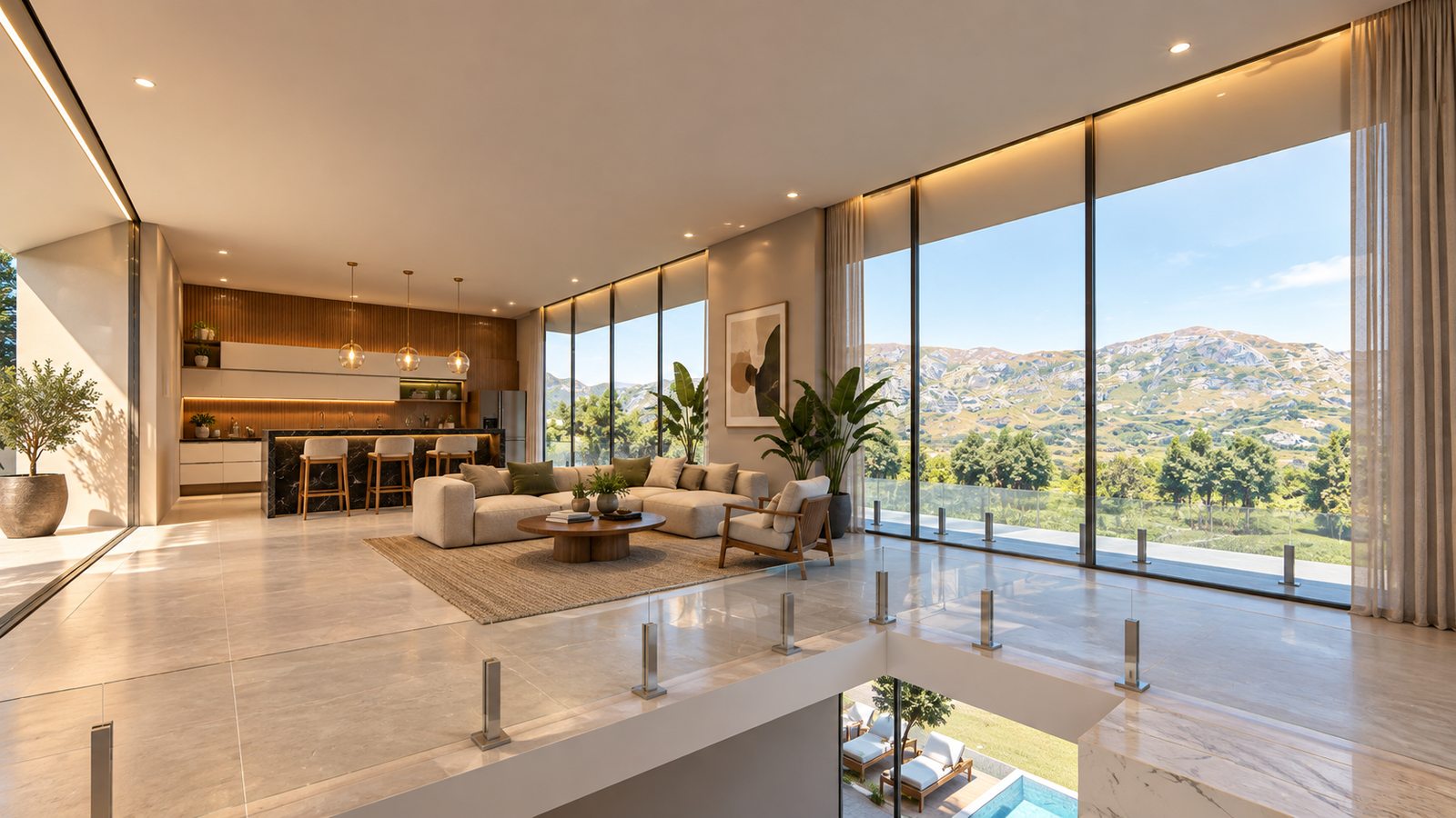 Sala de estar e cozinha integradas, com vista para as montanhas, em residência de alto padrão projetada por William Vanderlei Arquitetura, em Água Branca/AL