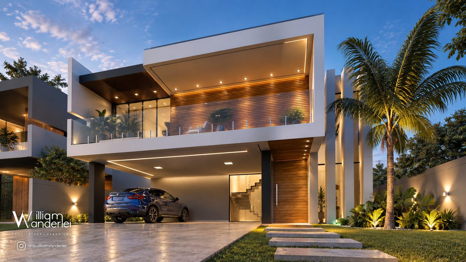Fachada de residência de alto padrão em Alphaville, Barra dos Coqueiros/SE, projetada por William Vanderlei Arquitetura, com varanda de vidro