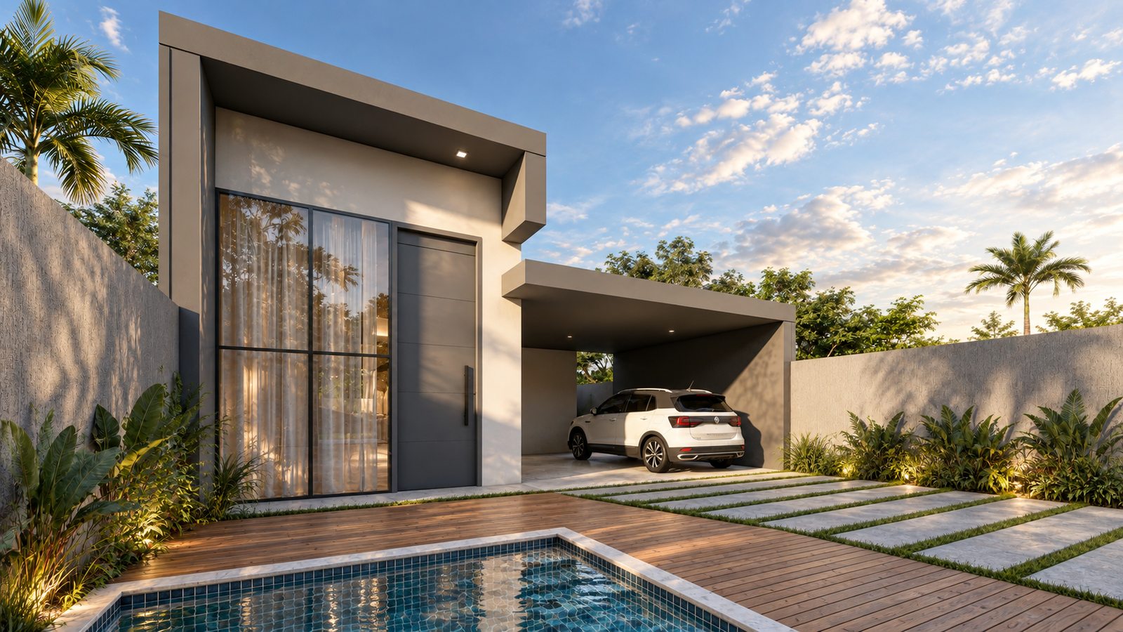 Fachada de residência unifamiliar em lote 8x20m, com piscina e carport, projetada por William Vanderlei Arquitetura, em Delmiro Gouveia/AL