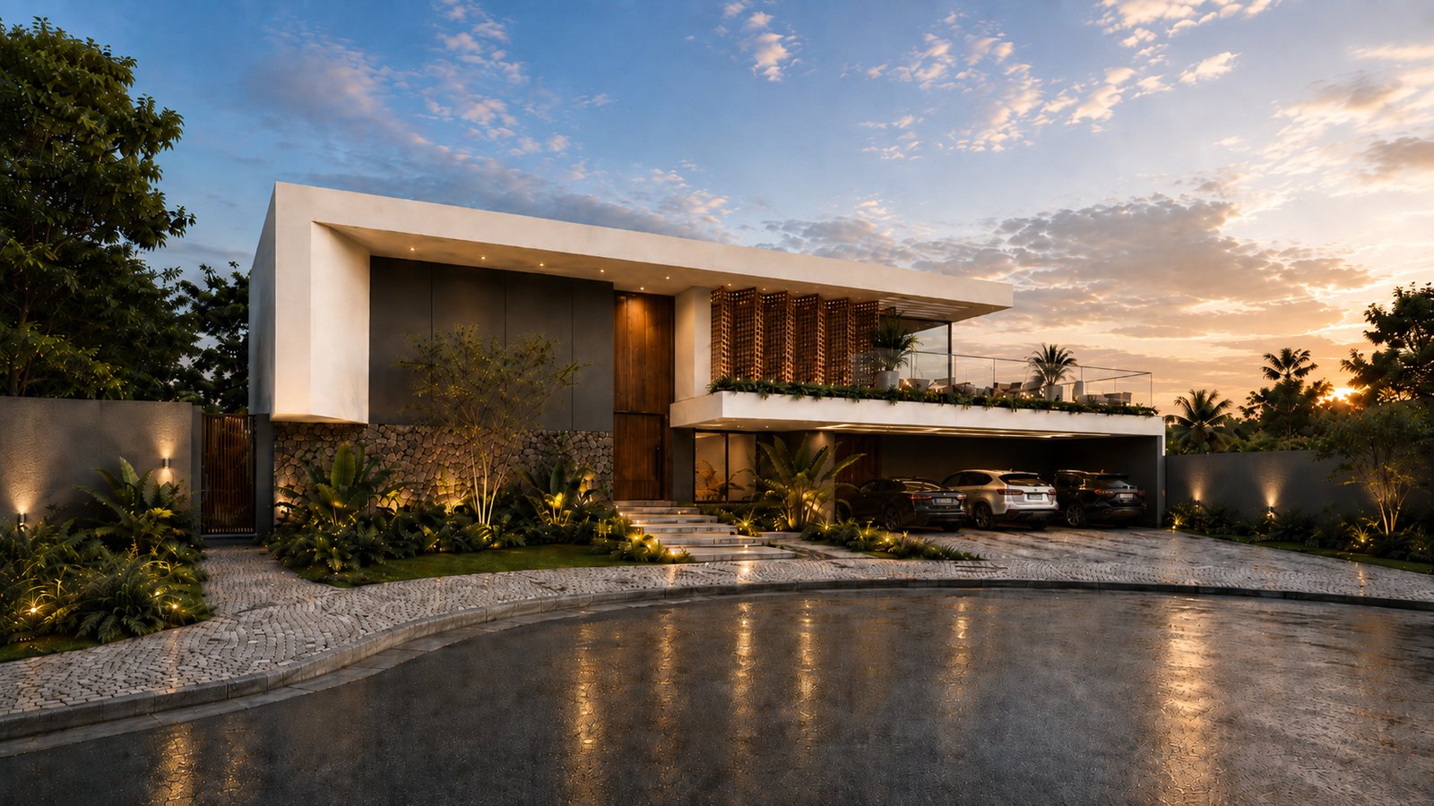 Residência térrea de alto padrão no Royal Park Residencial, projetada por William Vanderlei Arquitetura, com portão de pedra e marquise iluminada ao anoitecer