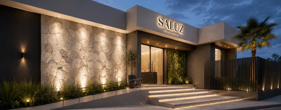 Fachada da Clínica Saluz, projetada por William Vanderlei Arquitetura, com painel de pedra iluminado