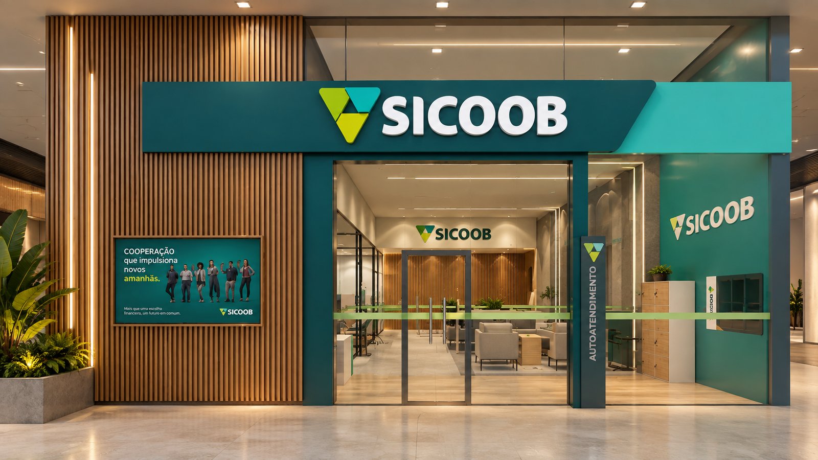 Fachada de agência bancária da Cooperativa Sicoob, projetada por William Vanderlei Arquitetura