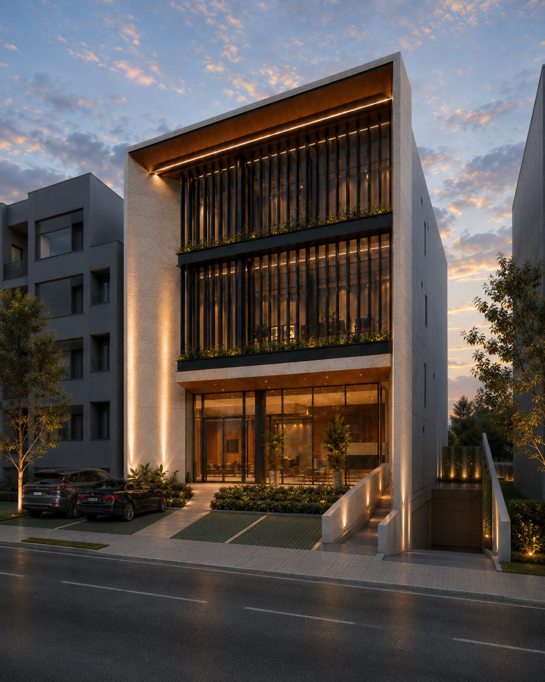 Fachada de edifício comercial em Sorocaba/SP, projetada por William Vanderlei Arquitetura, fotografada ao entardecer