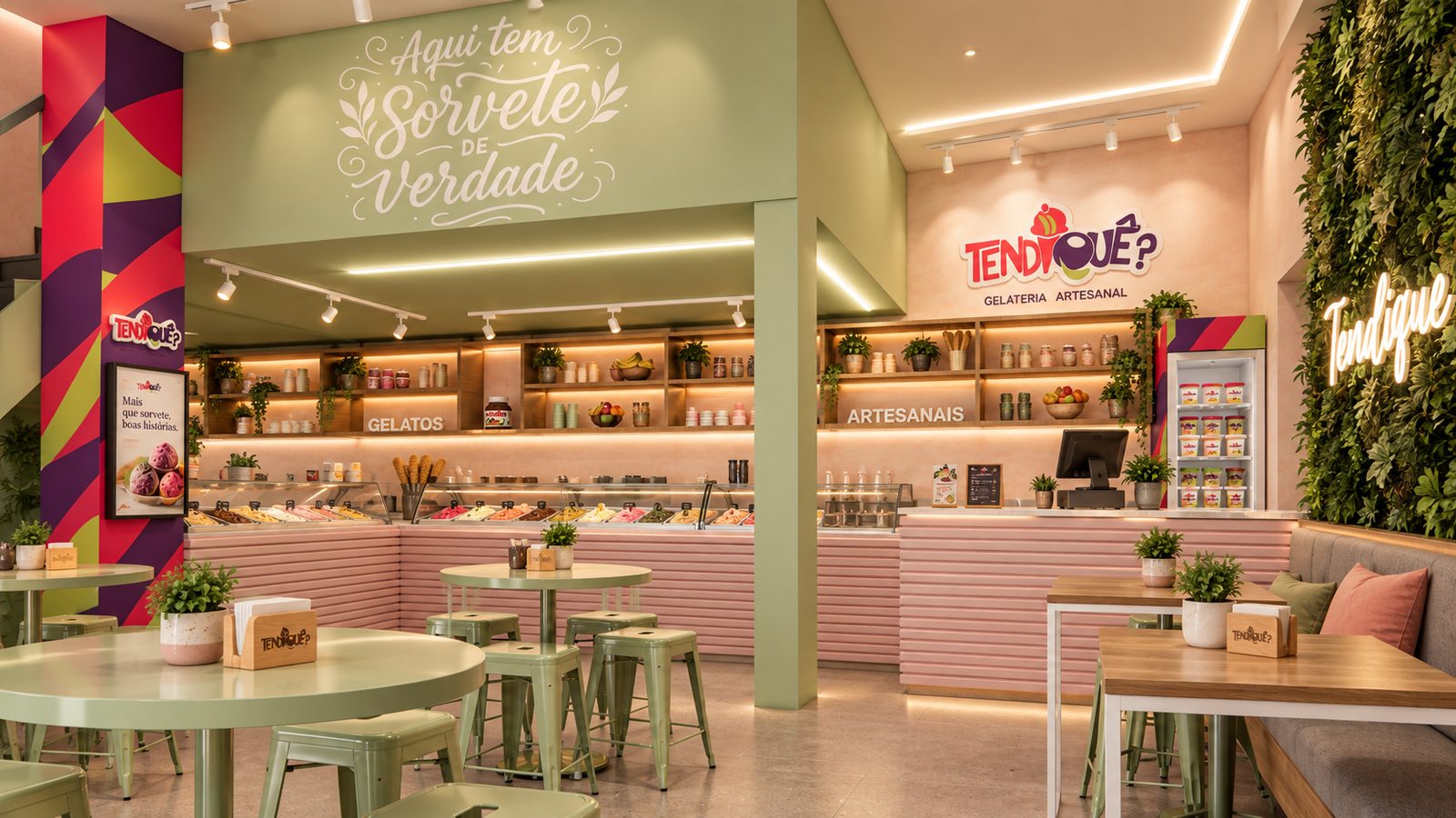 Interior de gelateria artesanal com balcão de gelatos, mesas e identidade visual colorida, projetado por William Vanderlei Arquitetura, em Simões Filho/BA