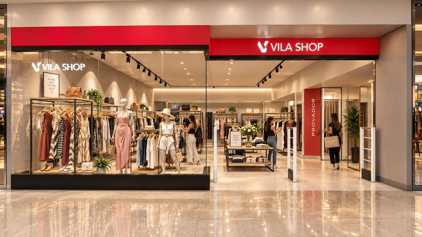 Fachada e vitrine da loja de departamentos Vila Shop, em shopping, projetada por William Vanderlei Arquitetura