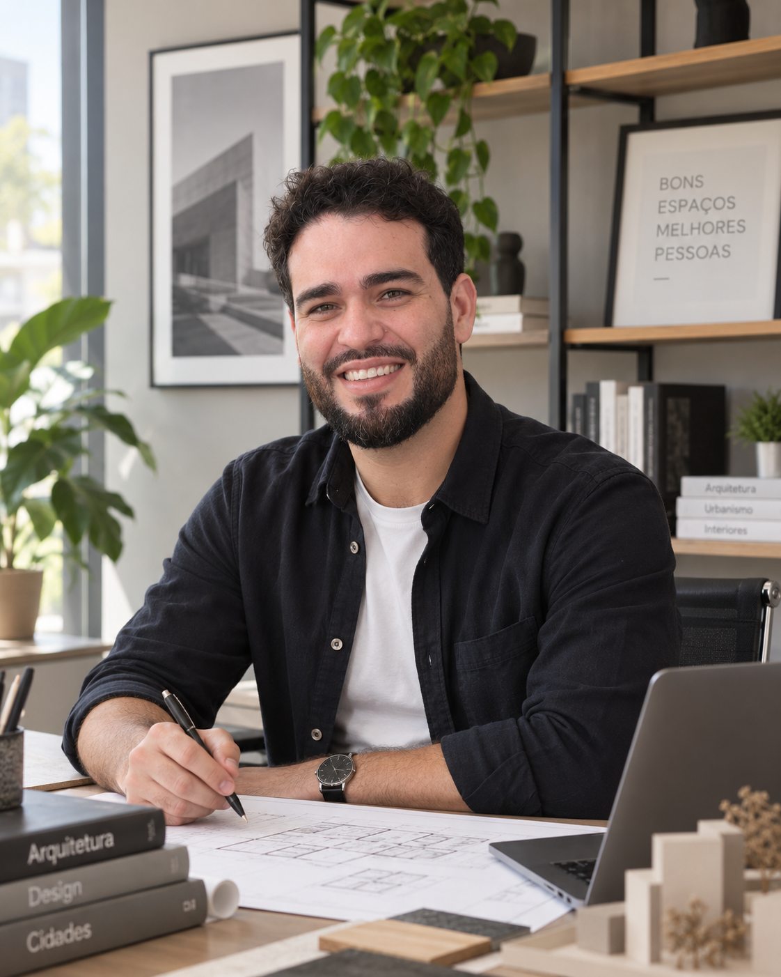 William Vanderlei, arquiteto e fundador do escritório William Vanderlei Arquitetura, sorrindo à mesa de trabalho com prancha de projeto, maquete e estante de livros de arquitetura ao fundo